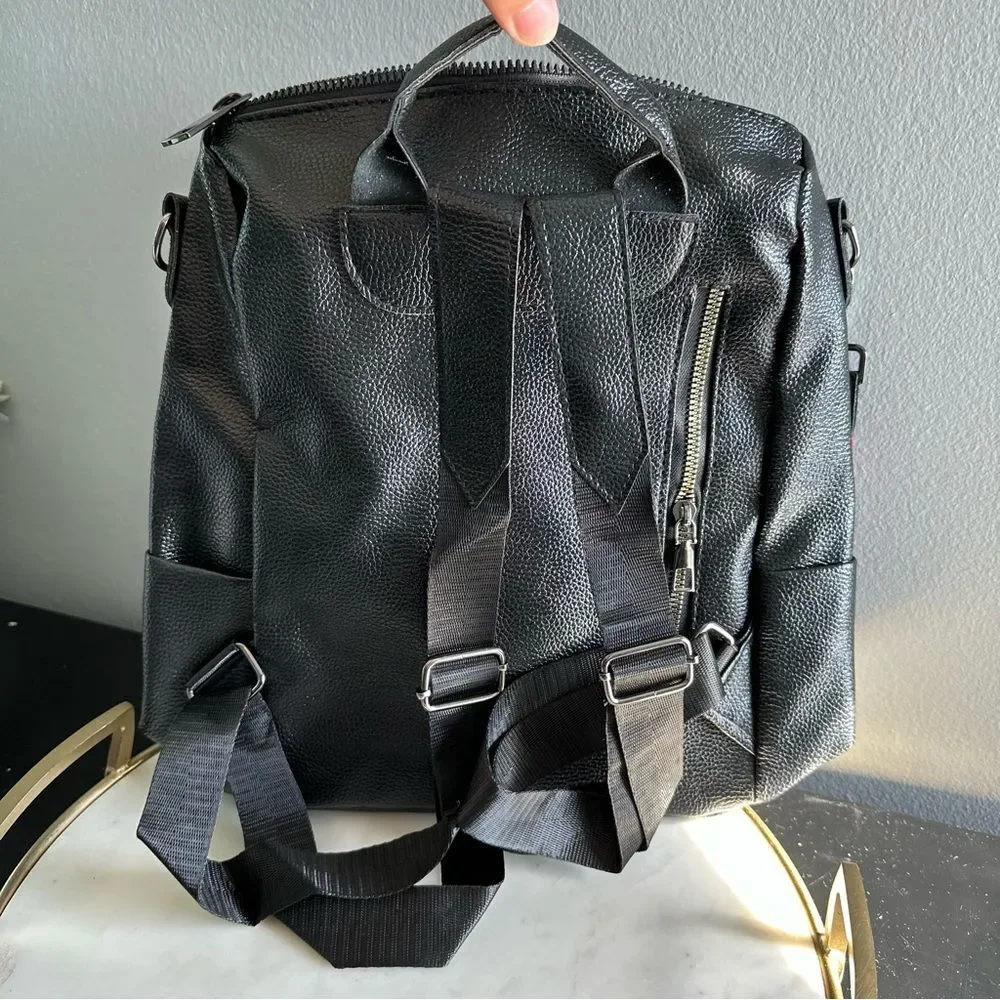 Faux Leather Black Convertible Backpack Bear Charm Work Travel Bag Overnight